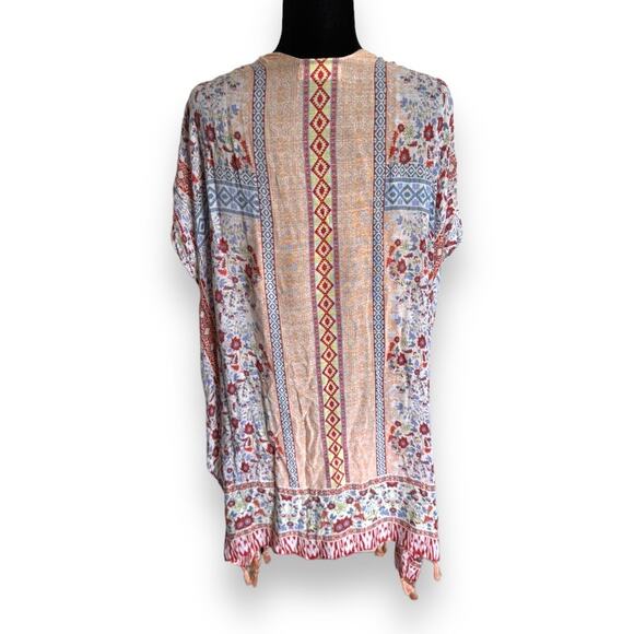 Lucky Brand Womens Kimono One Size Peach Multi Boho Print Beach Coverup Fringe - Picture 8 of 11